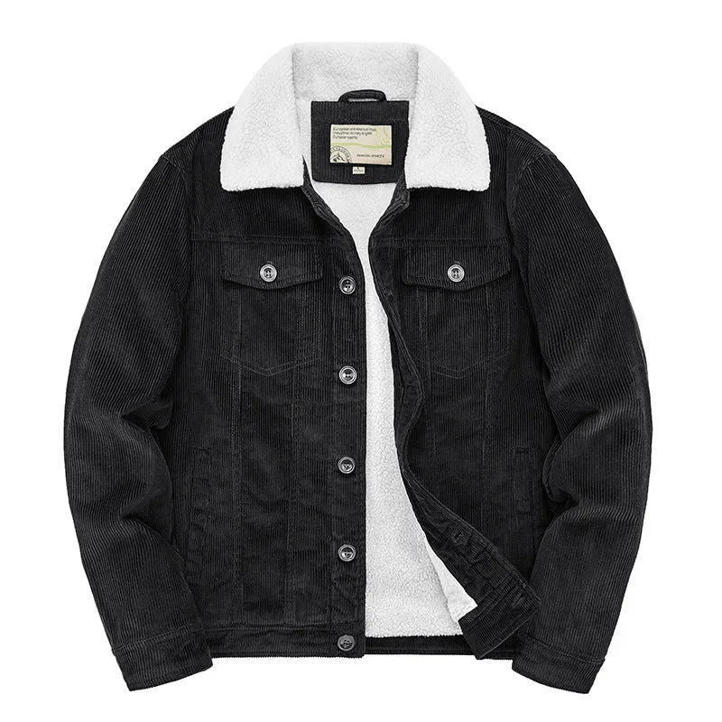 Herren Kord-Workerjacke mit durchgehendem Teddyfutter, Hemdkragen und Brusttasche Drune