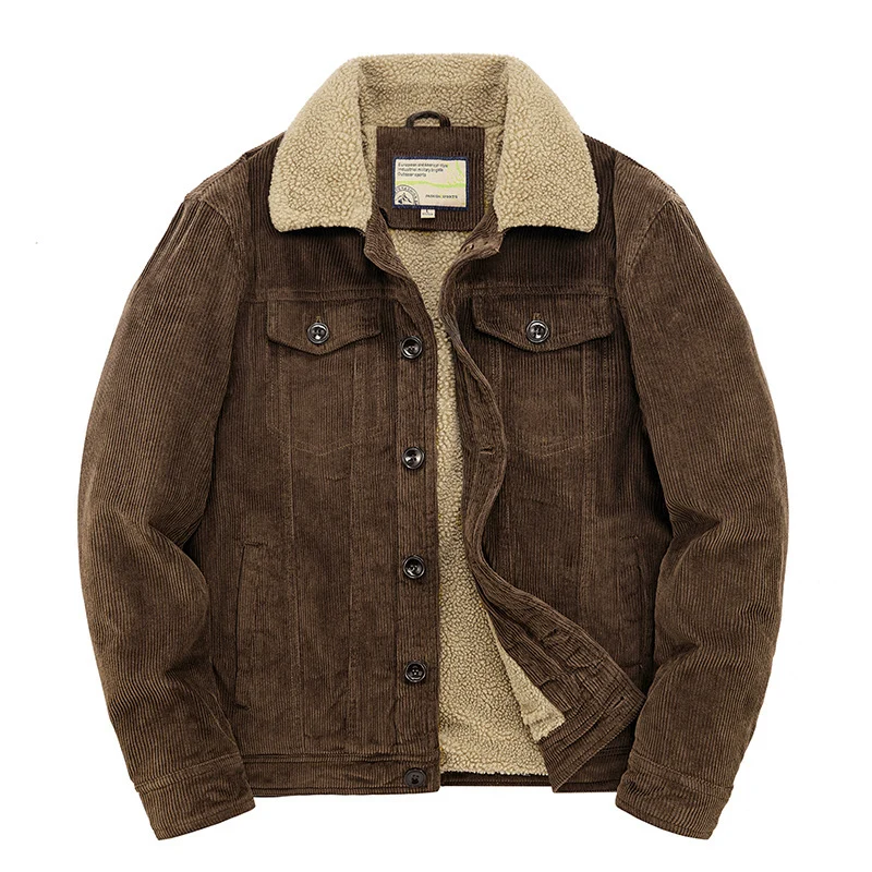 Herren Kord-Workerjacke mit durchgehendem Teddyfutter, Hemdkragen und Brusttasche Drune