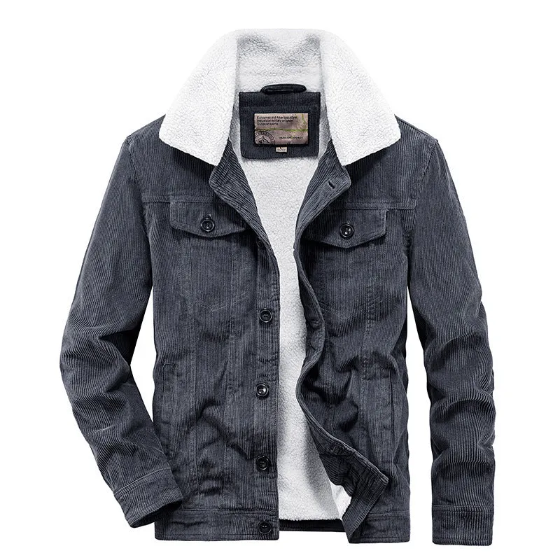 Herren Kord-Workerjacke mit durchgehendem Teddyfutter, Hemdkragen und Brusttasche Drune