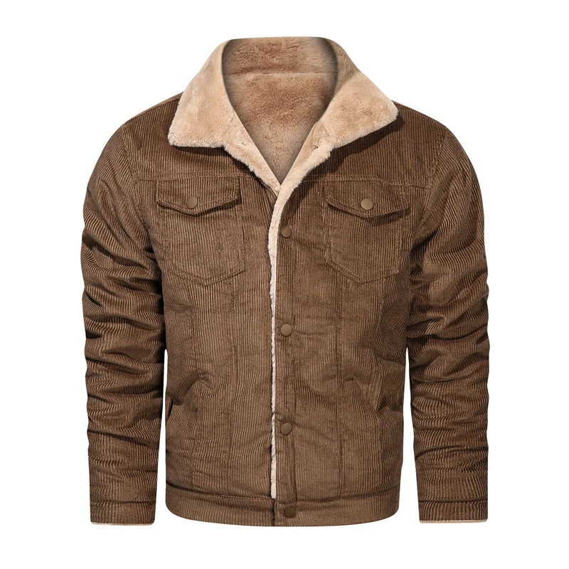 Herren Kord-Truckerjacke mit Teddyfutter und Druckknopfverschluss Drune