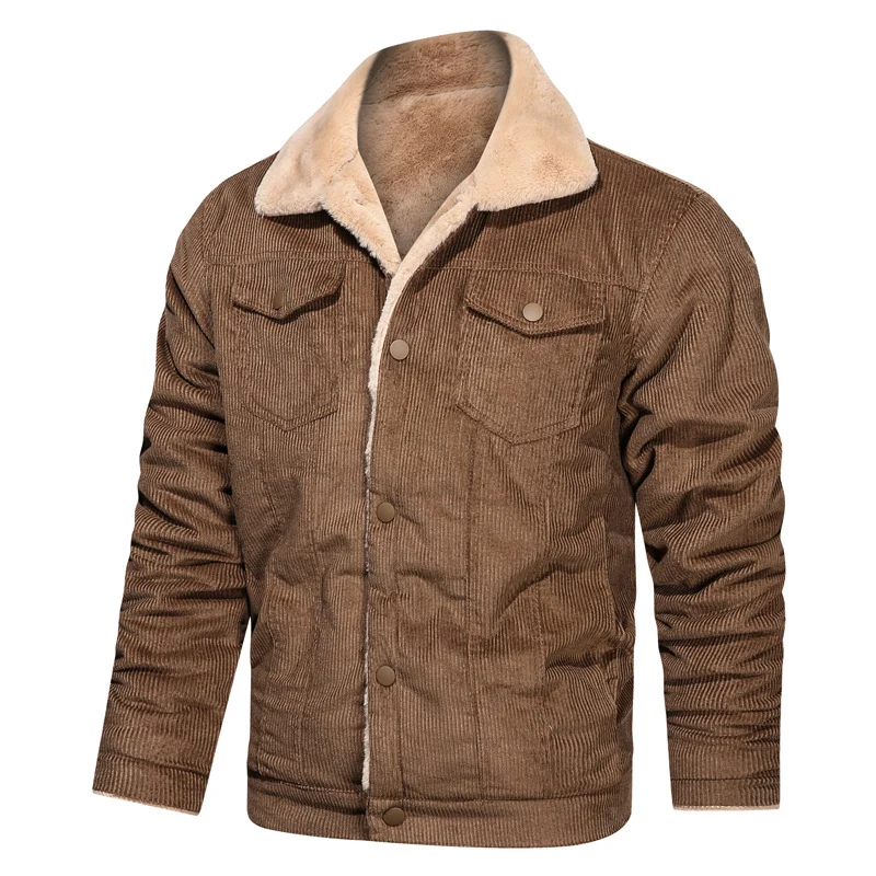 Herren Kord-Truckerjacke mit Teddyfutter und Druckknopfverschluss Drune