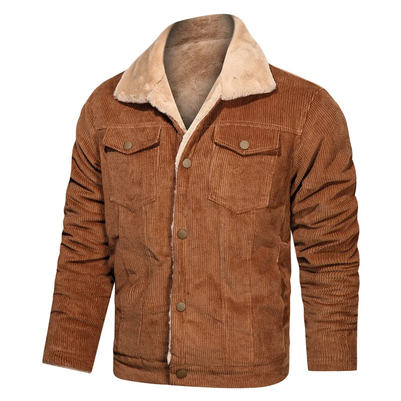 Herren Kord-Truckerjacke mit Teddyfutter und Druckknopfverschluss Drune