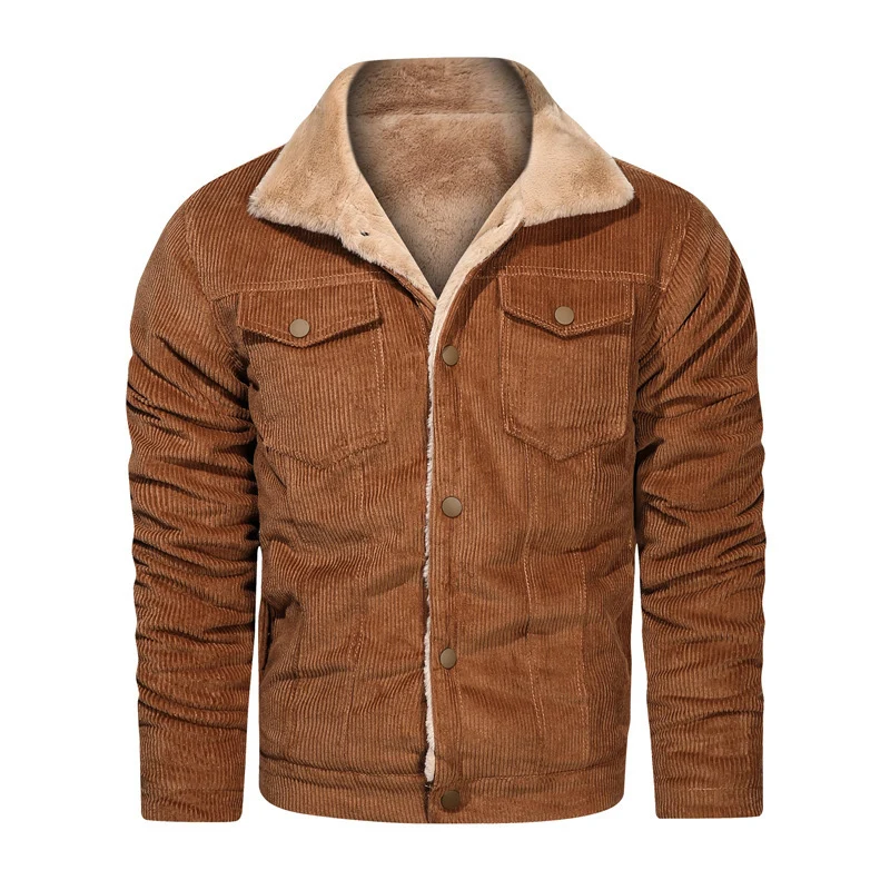 Herren Kord-Truckerjacke mit Teddyfutter und Druckknopfverschluss Drune