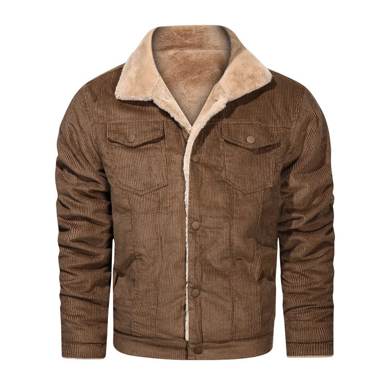 Herren Kord-Truckerjacke mit Teddyfutter und Druckknopfverschluss Drune