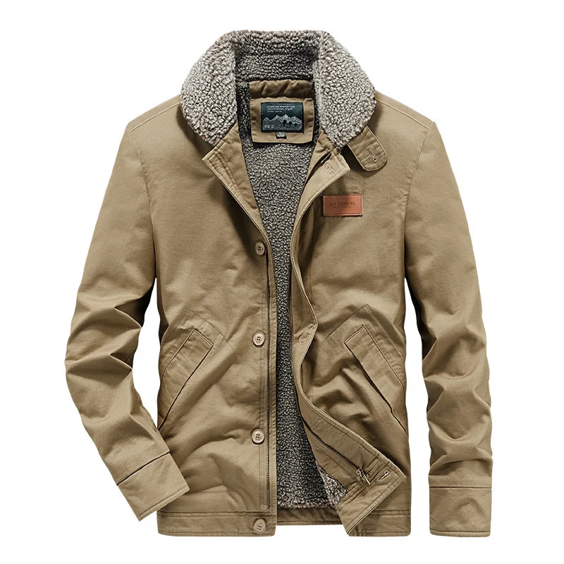 Herren kernige Canvas‑Workerjacke mit voluminösem Sherpa‑Innenfutter und hochschließendem Kragen Drune