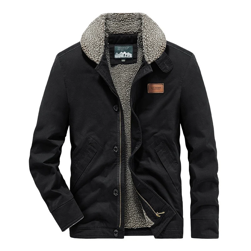 Herren kernige Canvas‑Workerjacke mit voluminösem Sherpa‑Innenfutter und hochschließendem Kragen Drune