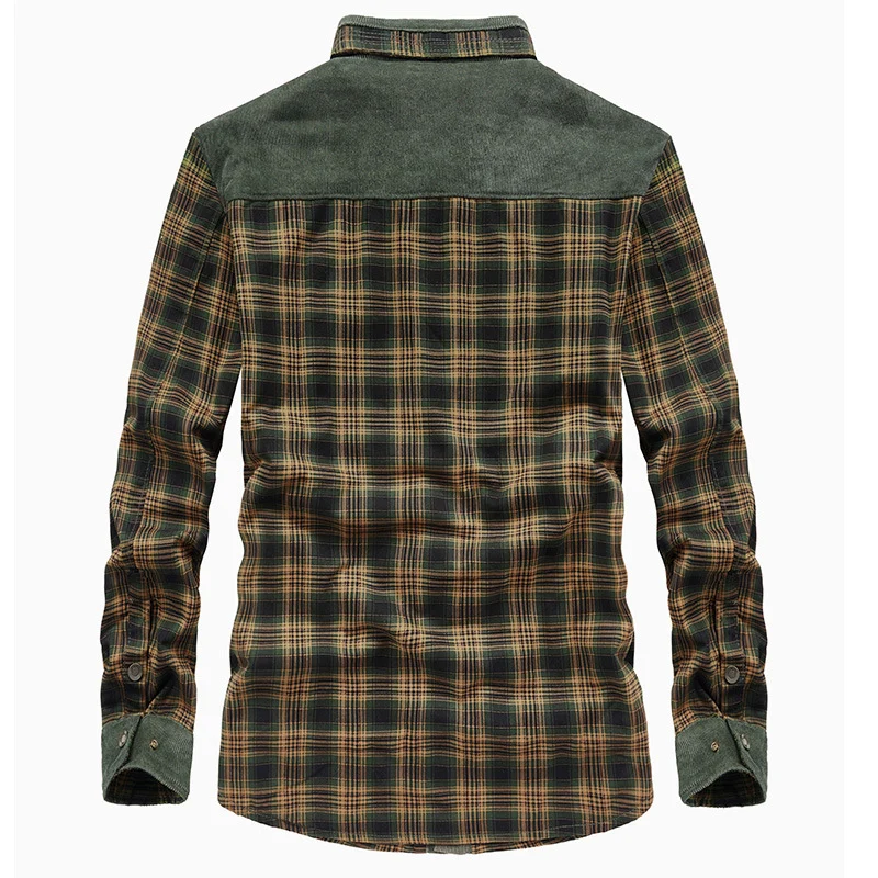 Herren Karo‑Hemdjacke mit Teddyfutter, Cord‑Schulterpasse und Multifunktionstaschen Drune