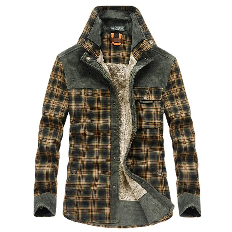 Herren Karo‑Hemdjacke mit Teddyfutter, Cord‑Schulterpasse und Multifunktionstaschen Drune