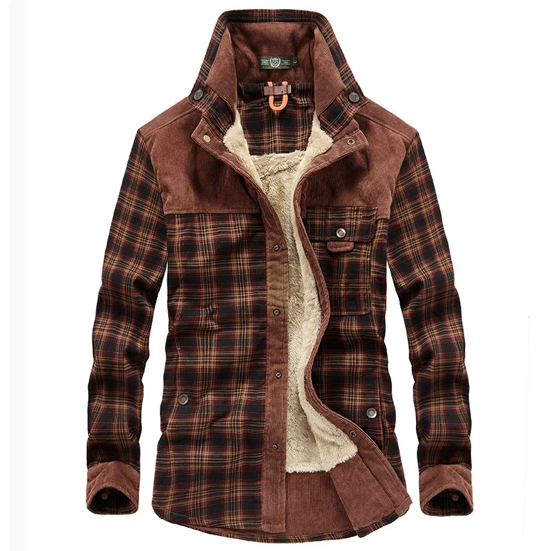 Herren Karo‑Hemdjacke mit Teddyfutter, Cord‑Schulterpasse und Multifunktionstaschen Drune