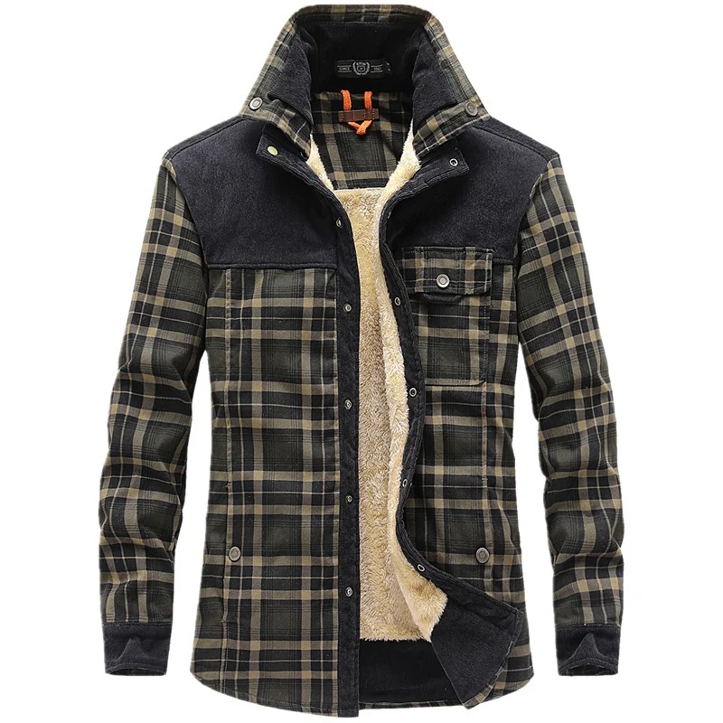 Herren Karo‑Hemdjacke mit Teddyfutter, Cord‑Schulterpasse und Multifunktionstaschen Drune