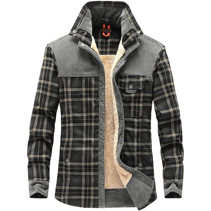 Herren Karo‑Hemdjacke mit Teddyfutter, Cord‑Schulterpasse und Multifunktionstaschen Drune