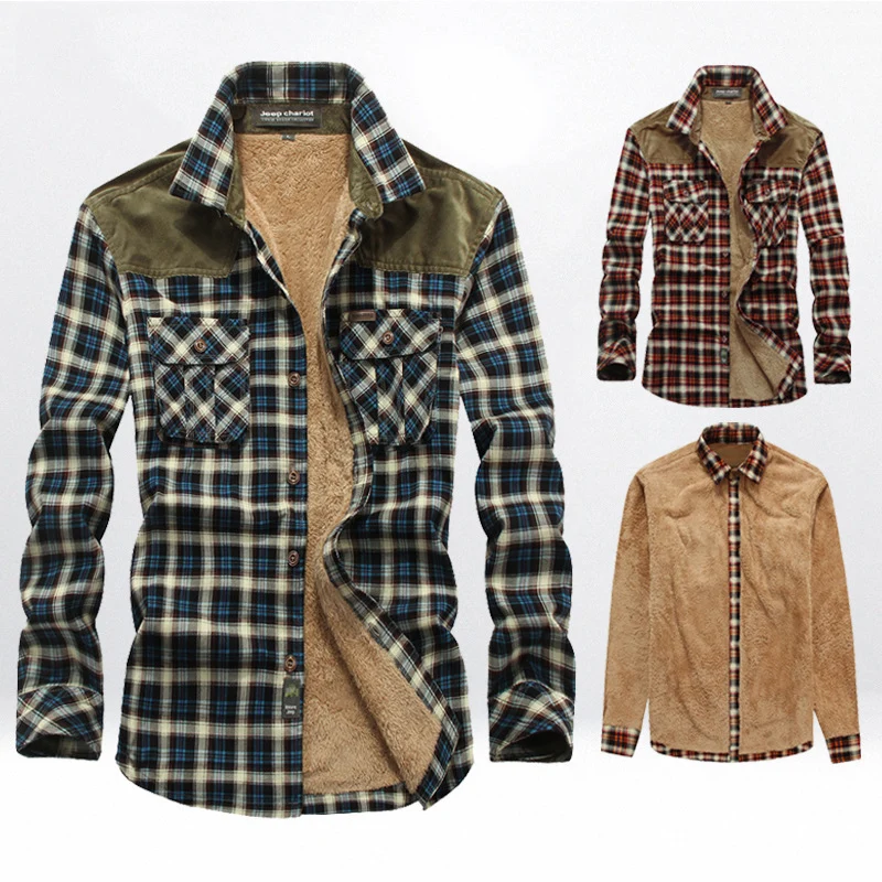Herren kariertes Thermo‑Hemdjacke mit Teddyfutter und Schulterbesatz Drune