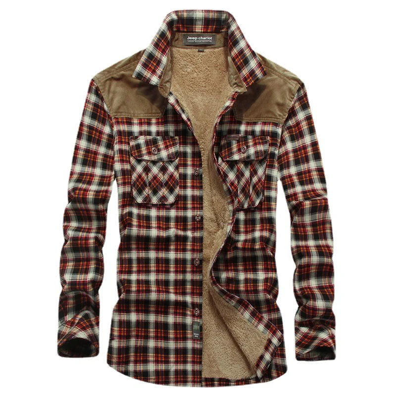 Herren kariertes Thermo‑Hemdjacke mit Teddyfutter und Schulterbesatz Drune