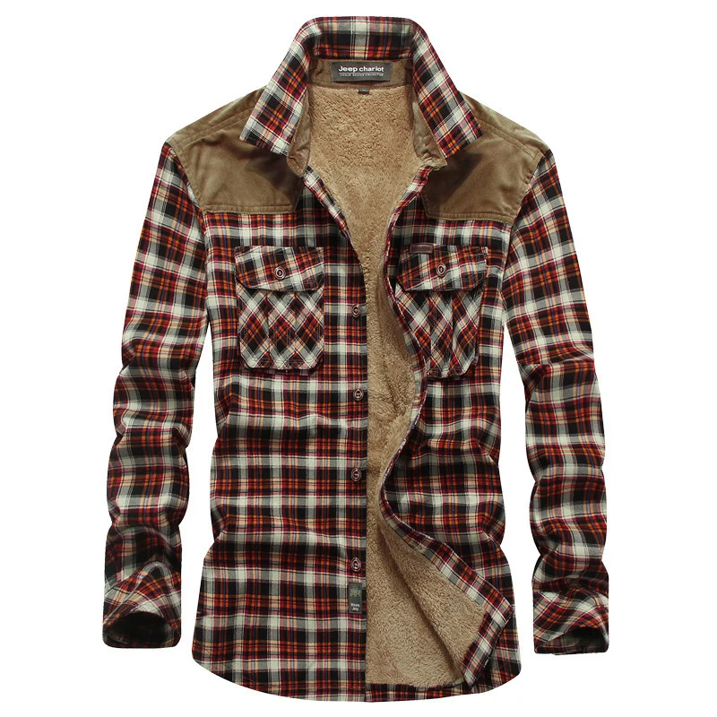 Herren kariertes Thermo‑Hemdjacke mit Teddyfutter und Schulterbesatz Drune