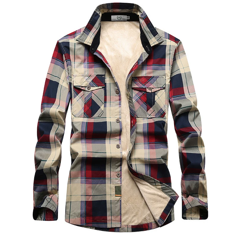 Herren Kariertes Thermo-Hemdjacke mit Teddyfleece-Innenfutter und Brustpattentaschen Drune