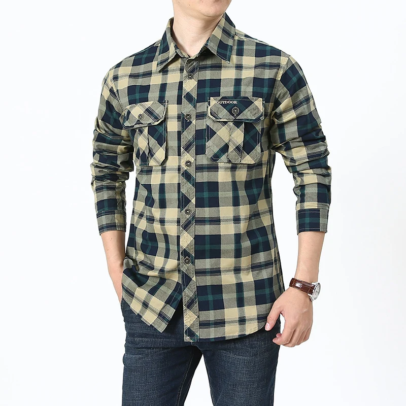 Herren kariertes Flanellhemd im Worker‑Style mit Brustpattentaschen Drune