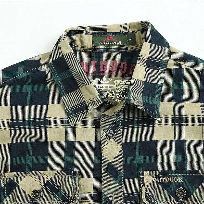 Herren kariertes Flanellhemd im Worker‑Style mit Brustpattentaschen Drune