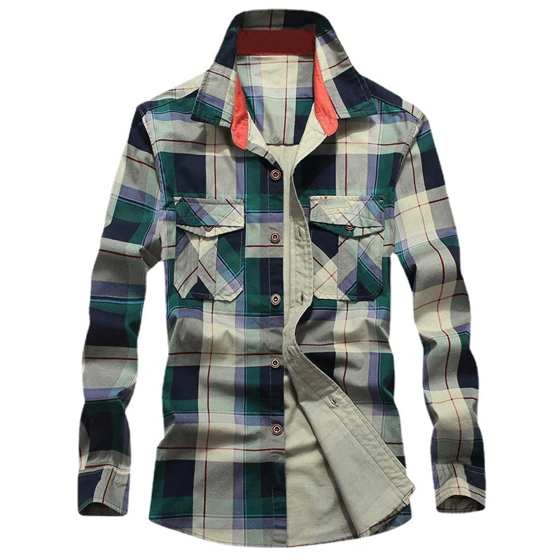 Herren Kariertes Baumwoll-Workshirt mit Brustpattentaschen und kontrastiertem Innenkragen Drune