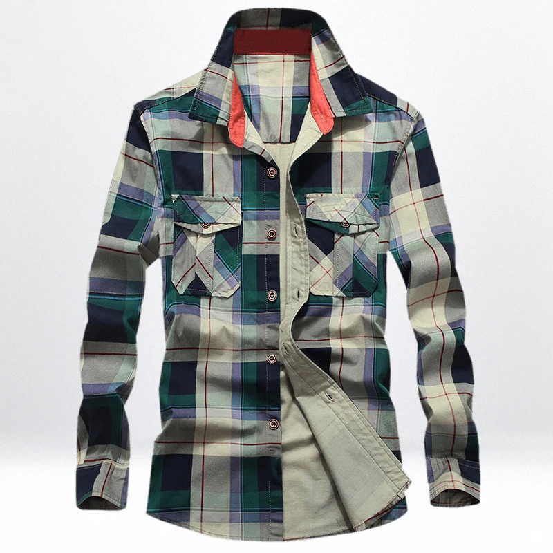 Herren Kariertes Baumwoll-Workshirt mit Brustpattentaschen und kontrastiertem Innenkragen Drune