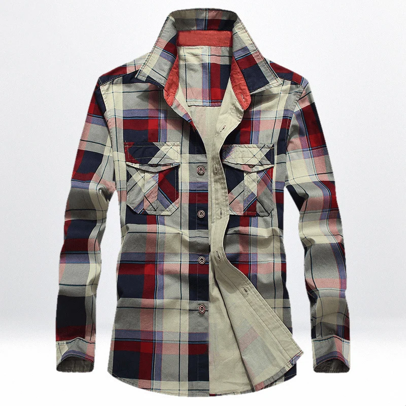Herren Kariertes Baumwoll-Workshirt mit Brustpattentaschen und kontrastiertem Innenkragen Drune