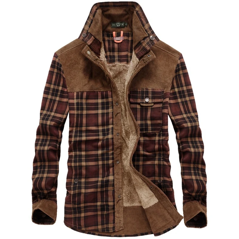 Herren karierte Thermo‑Hemdjacke mit Teddyfutter und Cord‑Schulterpasse Drune