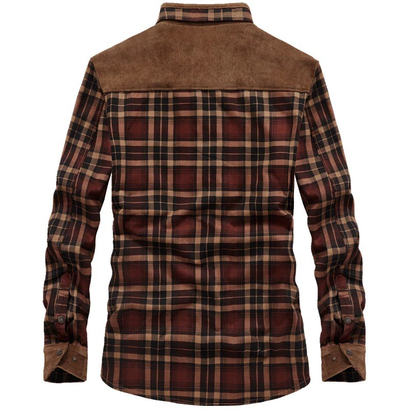 Herren karierte Thermo‑Hemdjacke mit Teddyfutter und Cord‑Schulterpasse Drune