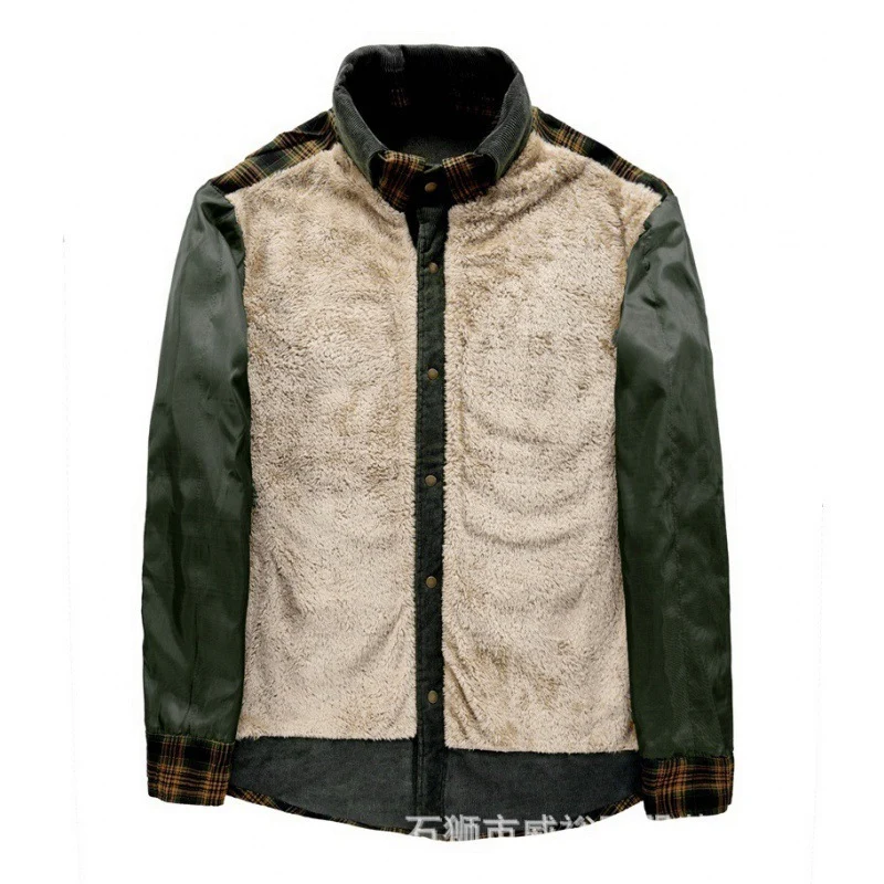Herren karierte Hemdjacke mit Teddyfutter, Cordbesatz und hohem Stehkragen Drune