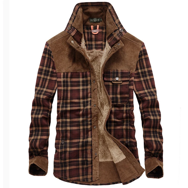 Herren karierte Hemdjacke mit Teddyfutter, Cordbesatz und hohem Stehkragen Drune