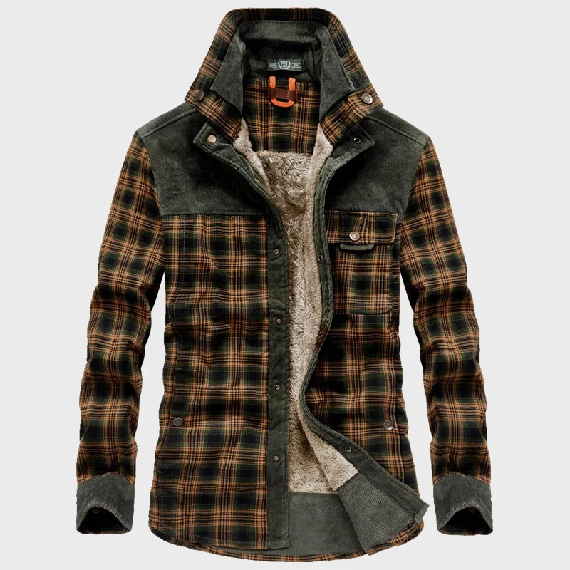 Herren karierte Hemdjacke mit Teddyfutter, Cordbesatz und hohem Stehkragen Drune