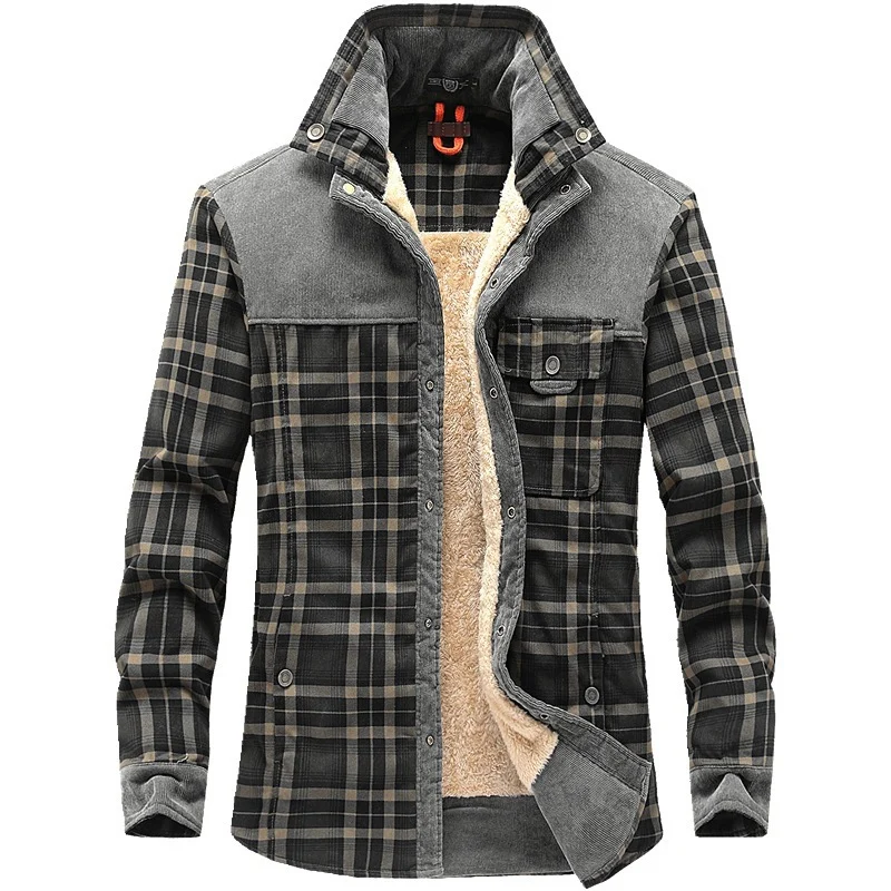 Herren karierte Hemdjacke mit Teddyfutter, Cordbesatz und hohem Stehkragen Drune