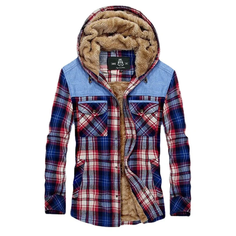 Herren karierte gefütterte Hemdjacke mit Kapuze und Teddyfutter Drune