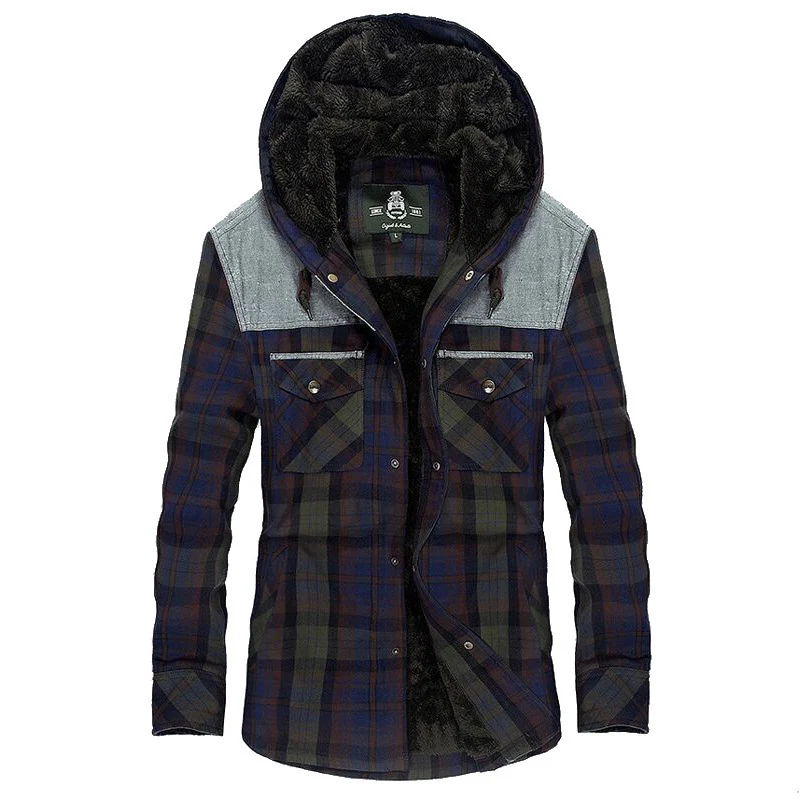 Herren karierte gefütterte Hemdjacke mit Kapuze und Teddyfutter Drune