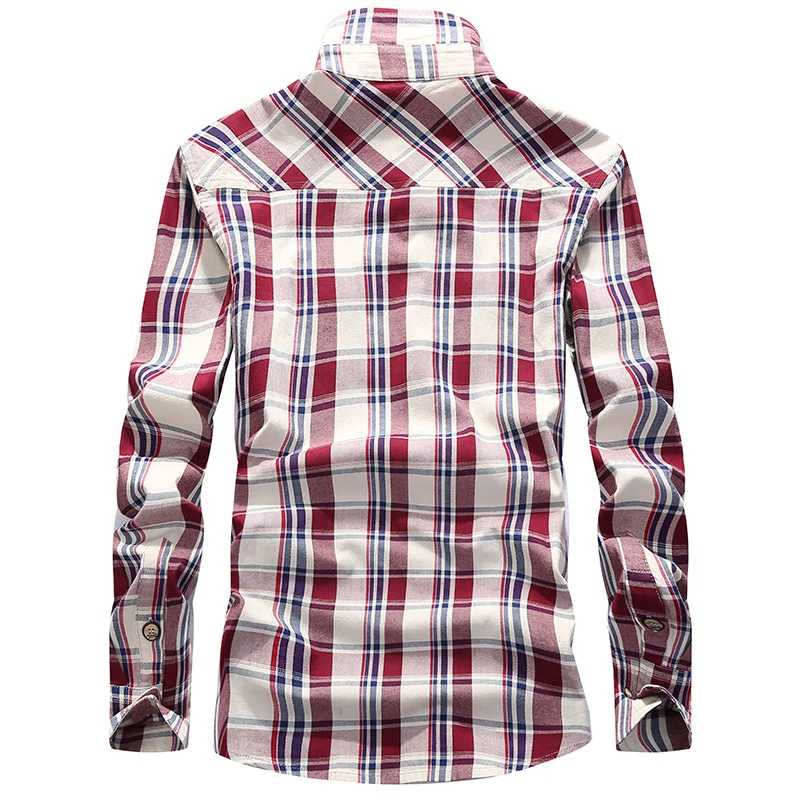 Herren Karierte Baumwoll-Flanell-Hemdjacke mit Brustpattentaschen und Hemdkragen Drune