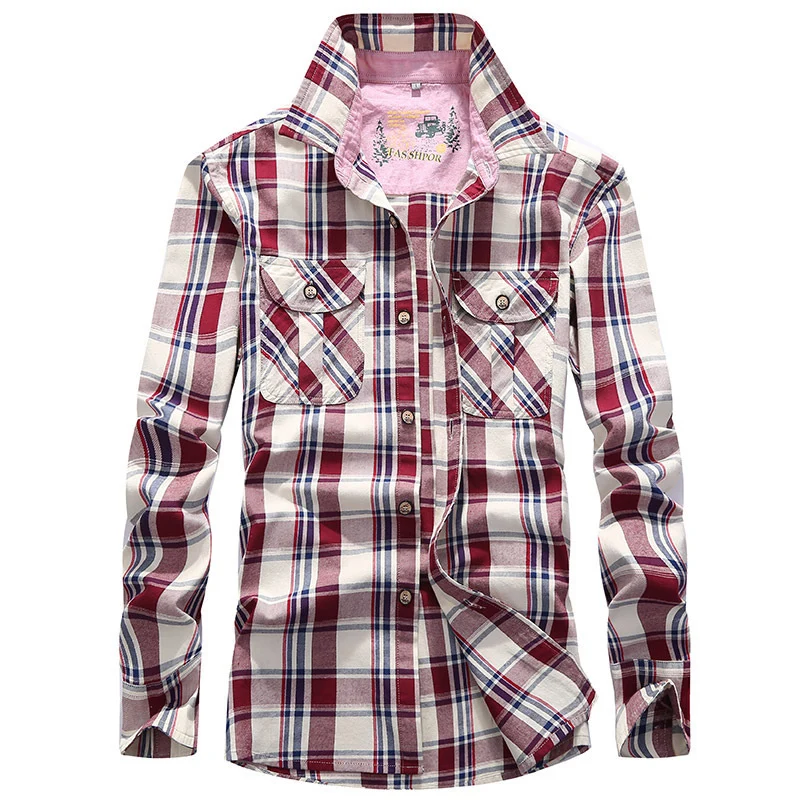 Herren Karierte Baumwoll-Flanell-Hemdjacke mit Brustpattentaschen und Hemdkragen Drune