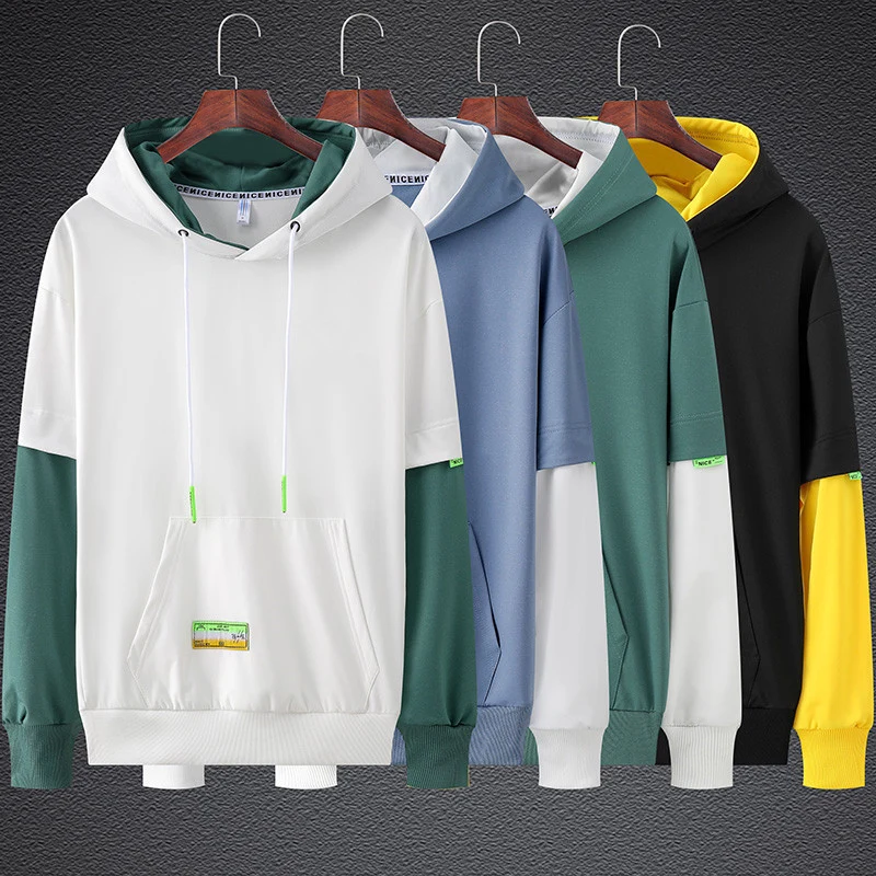 Herren Kapuzenpullover im Lagenlook mit Kontrastärmeln, Kängurutasche und Oversize-Schnitt Drune