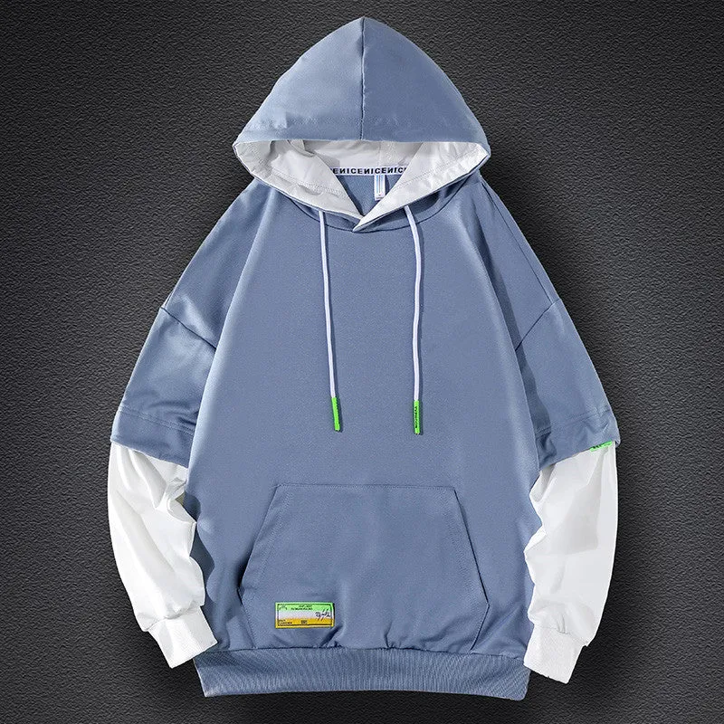 Herren Kapuzenpullover im Lagenlook mit Kontrastärmeln, Kängurutasche und Oversize-Schnitt Drune
