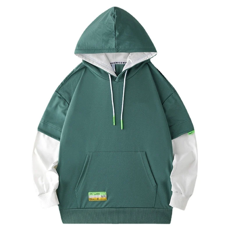 Herren Kapuzenpullover im Lagenlook mit Kontrastärmeln, Kängurutasche und Oversize-Schnitt Drune