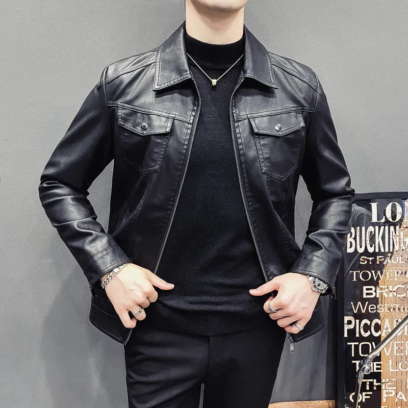 Herren Lederoptik-Truckerjacke mit Reißverschluss, Pattentaschen und taillierter Silhouette Drune
