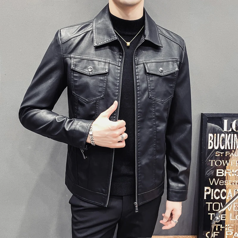 Herren Lederoptik-Truckerjacke mit Reißverschluss, Pattentaschen und taillierter Silhouette Drune