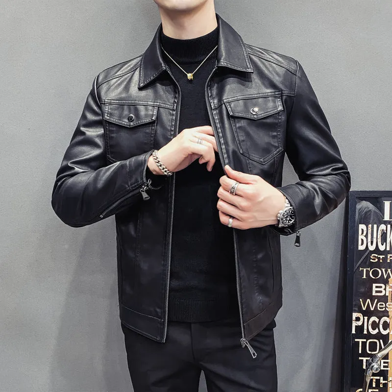 Herren Lederoptik-Truckerjacke mit Reißverschluss, Pattentaschen und taillierter Silhouette Drune