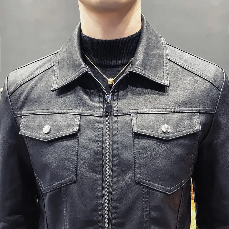 Herren Lederoptik-Truckerjacke mit Reißverschluss, Pattentaschen und taillierter Silhouette Drune
