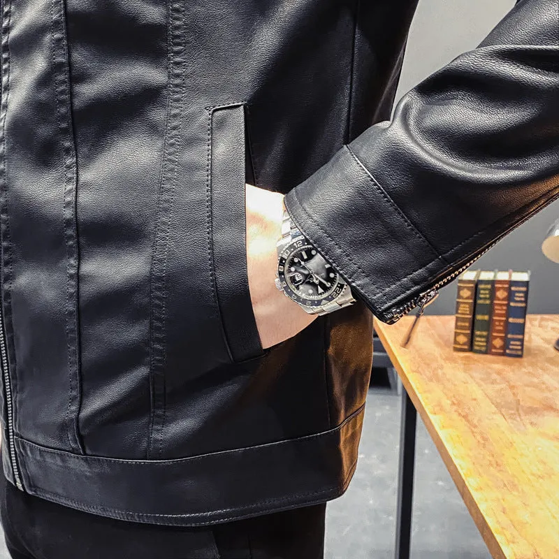 Herren Lederoptik-Truckerjacke mit Reißverschluss, Pattentaschen und taillierter Silhouette Drune