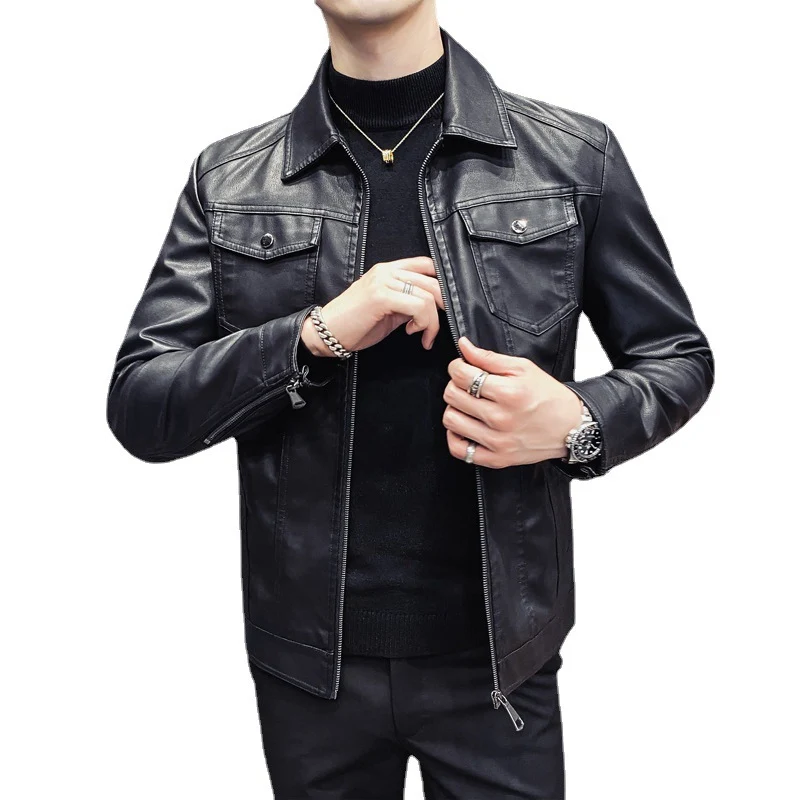Herren Lederoptik-Truckerjacke mit Reißverschluss, Pattentaschen und taillierter Silhouette Drune