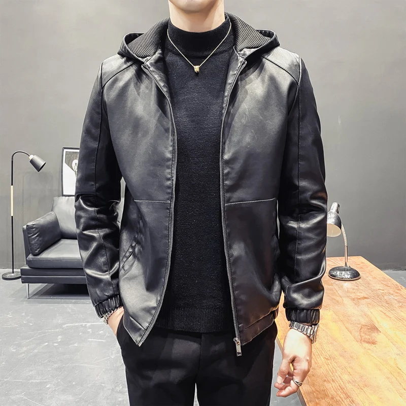 Herren Lederimitat-Kapuzenblouson mit Mesh-Innenkapuze, schmaler Silhouette und durchgehendem Reißverschluss Drune