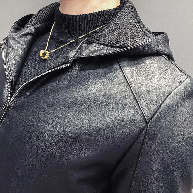 Herren Lederimitat-Kapuzenblouson mit Mesh-Innenkapuze, schmaler Silhouette und durchgehendem Reißverschluss Drune