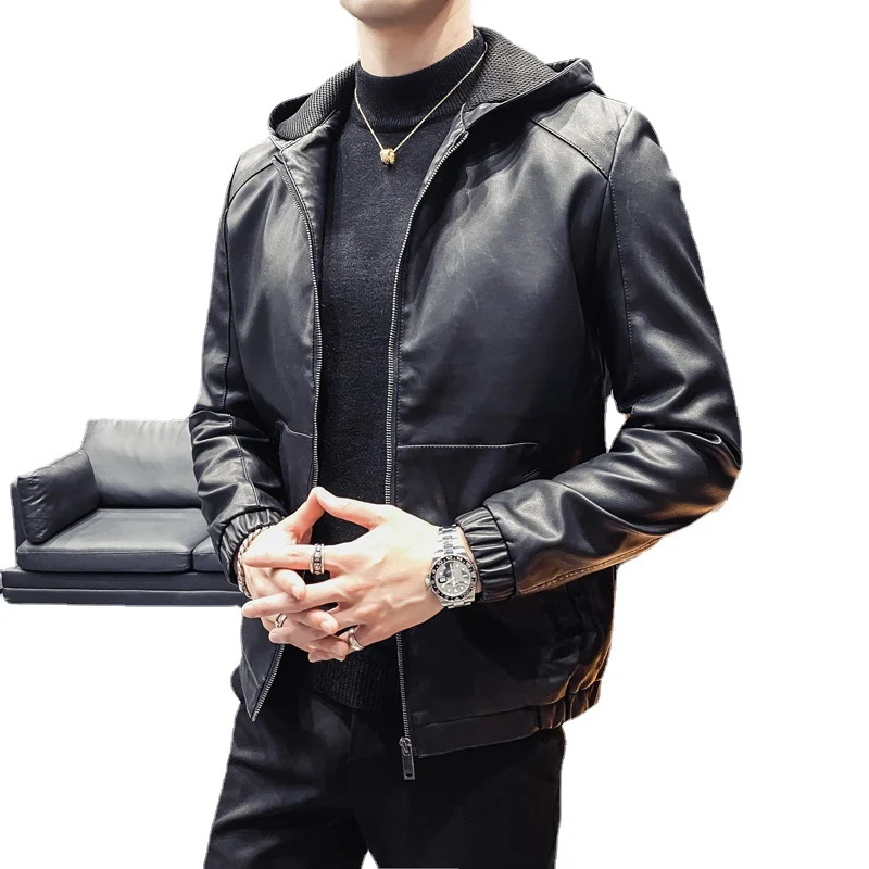 Herren Lederimitat-Kapuzenblouson mit Mesh-Innenkapuze, schmaler Silhouette und durchgehendem Reißverschluss Drune