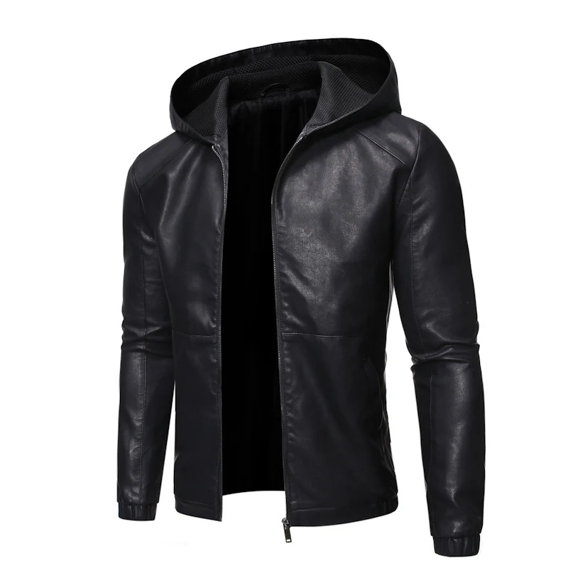 Herren Lederimitat-Kapuzenblouson mit Mesh-Innenkapuze, schmaler Silhouette und durchgehendem Reißverschluss Drune