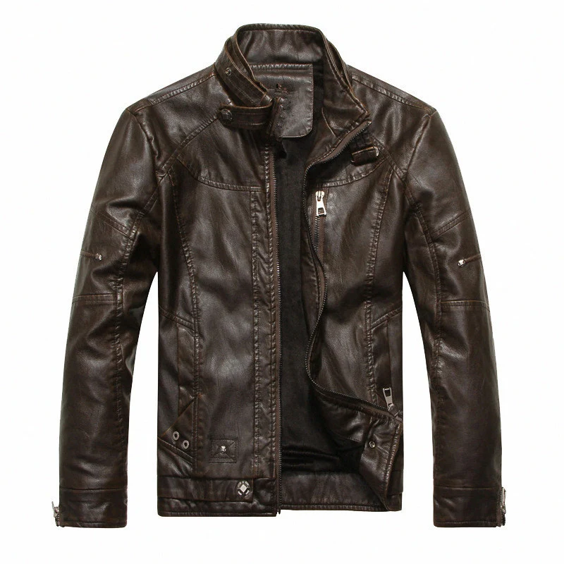 Herren Lederimitat-Bikerjacke im Vintage‑Look mit Stehkragen, Ziernähten und Reißverschluss Drune