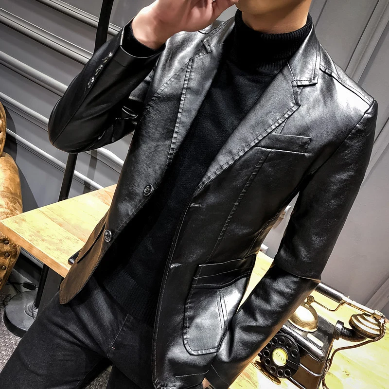 Herren Lederblazer im Slim-Fit mit Reverskragen und Zwei-Knopf-Front Drune
