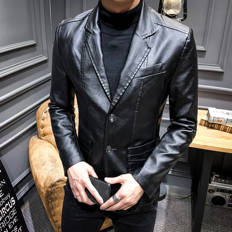 Herren Lederblazer im Slim-Fit mit Reverskragen und Zwei-Knopf-Front Drune